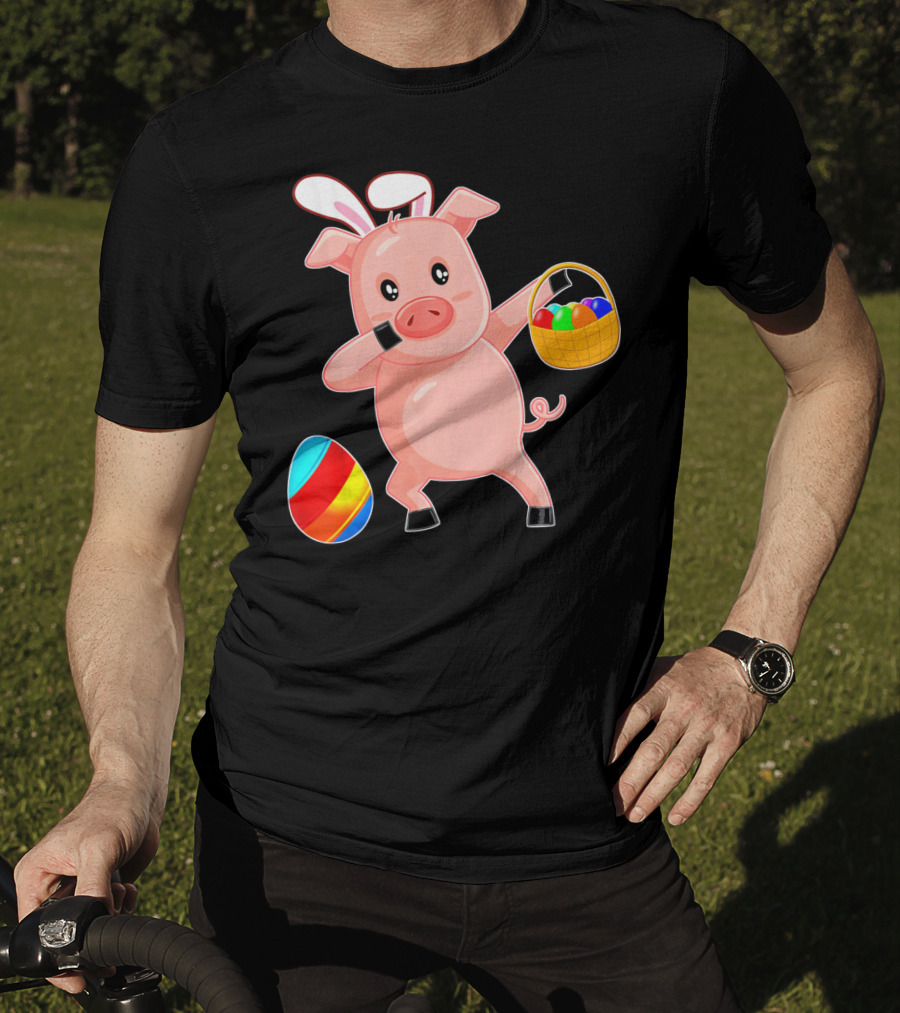 Easter Bunny Dabbing Pig With Colorful Egg Basket T-Shirt