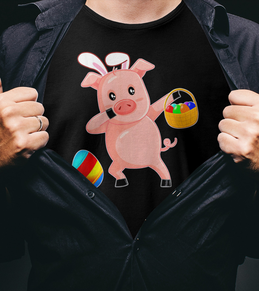 Easter Bunny Dabbing Pig With Colorful Egg Basket T-Shirt