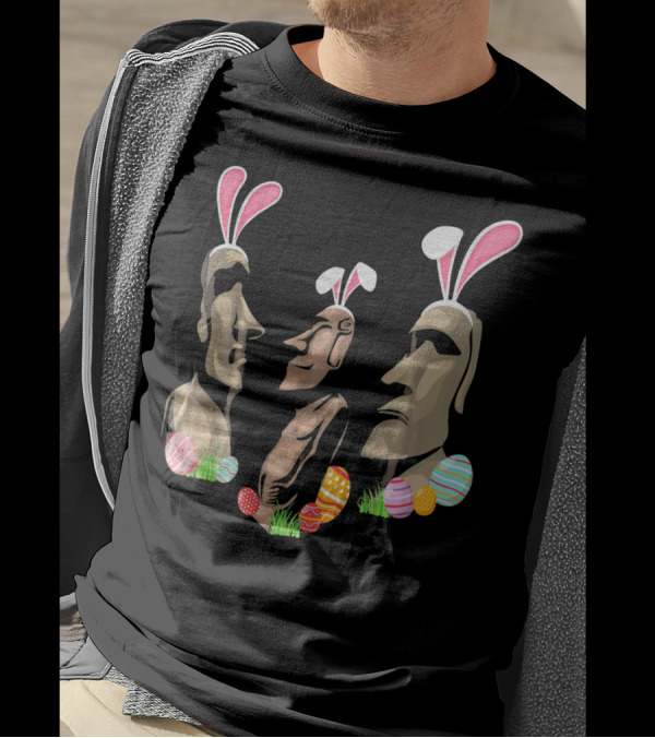 Funny Easter Island Statues Wearing Bunny Ears Surrounded By Colorful Easter Eggs T-Shirt