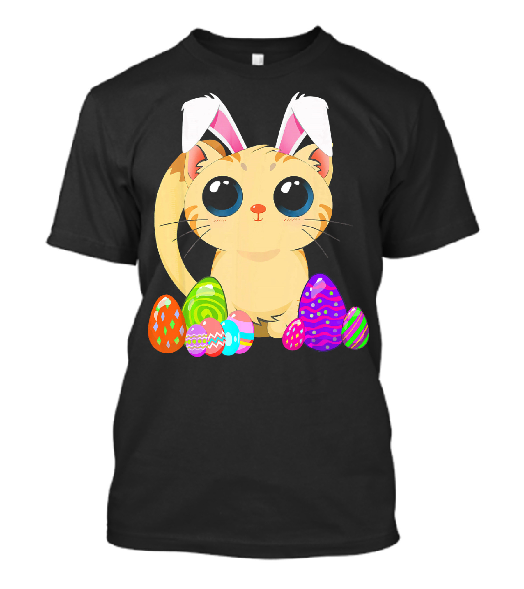Cute Easter Cat Holiday Bunny Ears With Colorful Eggs T-Shirt