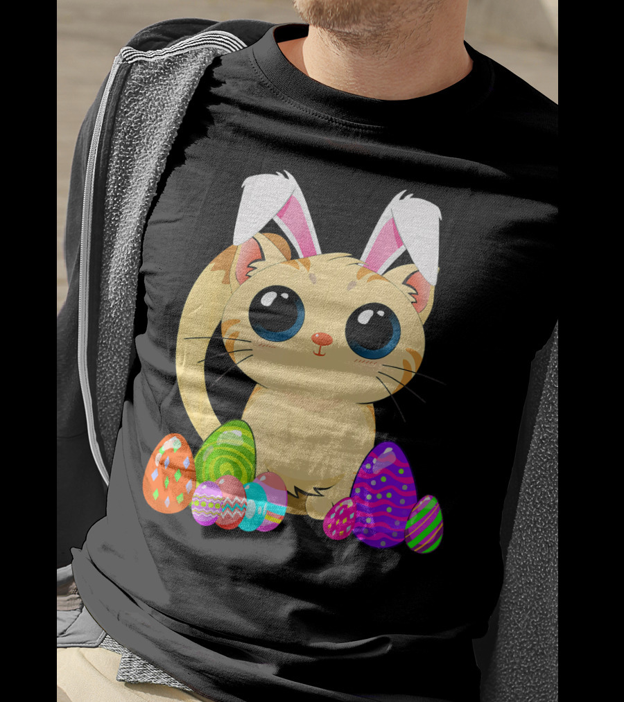 Cute Easter Cat Holiday Bunny Ears With Colorful Eggs T-Shirt