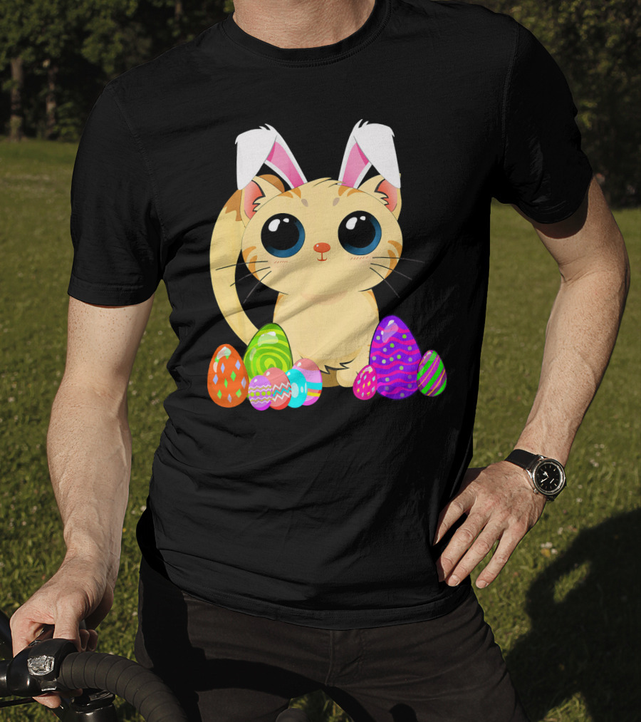 Cute Easter Cat Holiday Bunny Ears With Colorful Eggs T-Shirt