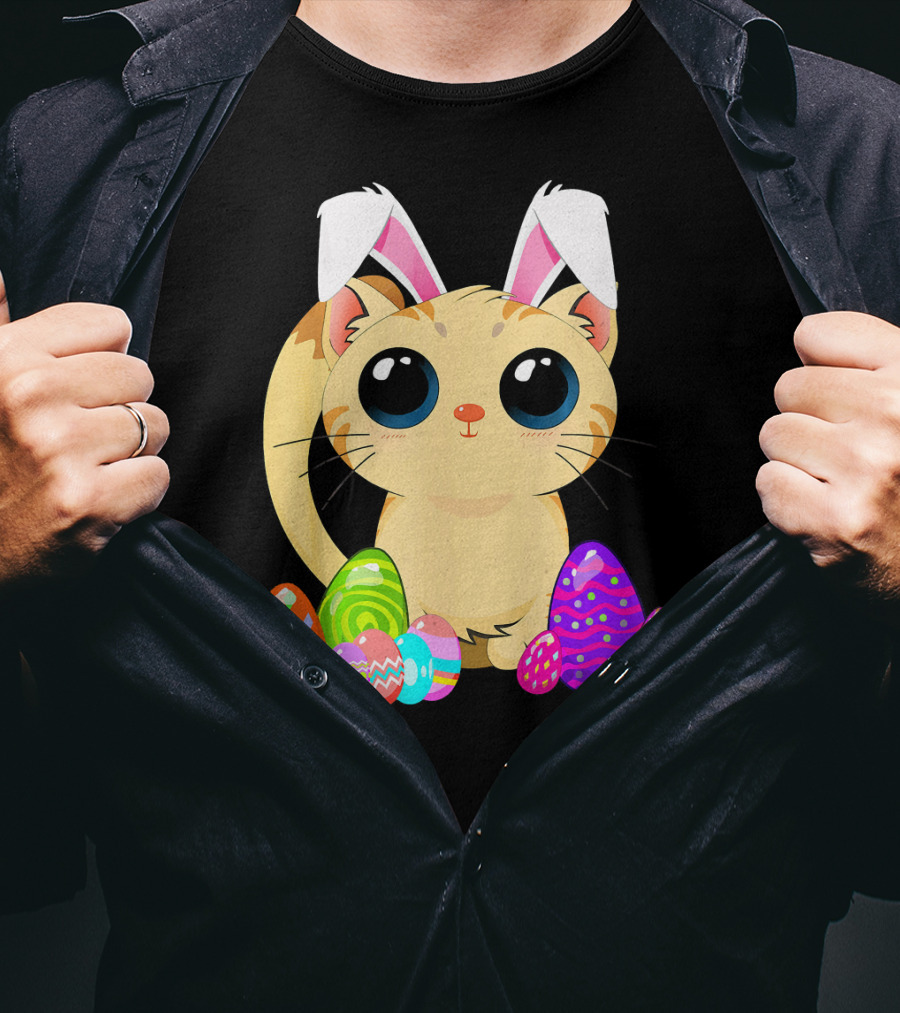Cute Easter Cat Holiday Bunny Ears With Colorful Eggs T-Shirt