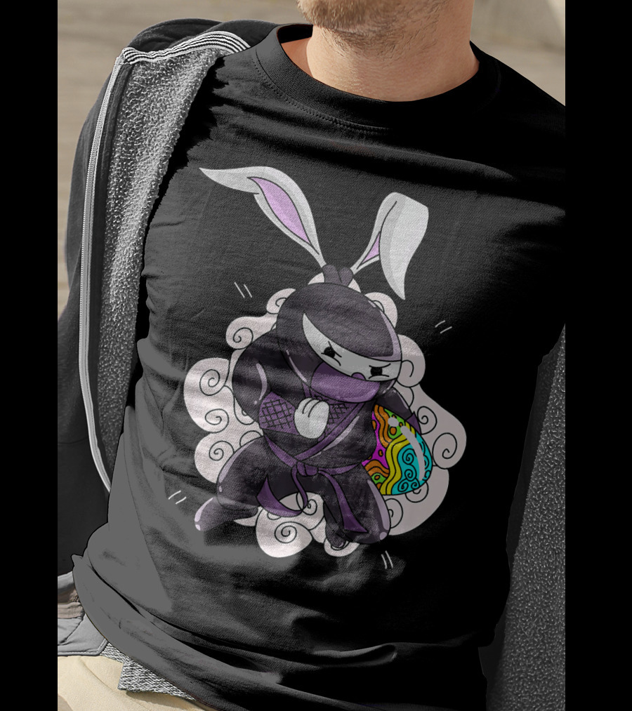 Easter Bunny Ninja Holding Colorful Egg In Cute Little Egg Hunt Scene T-Shirt