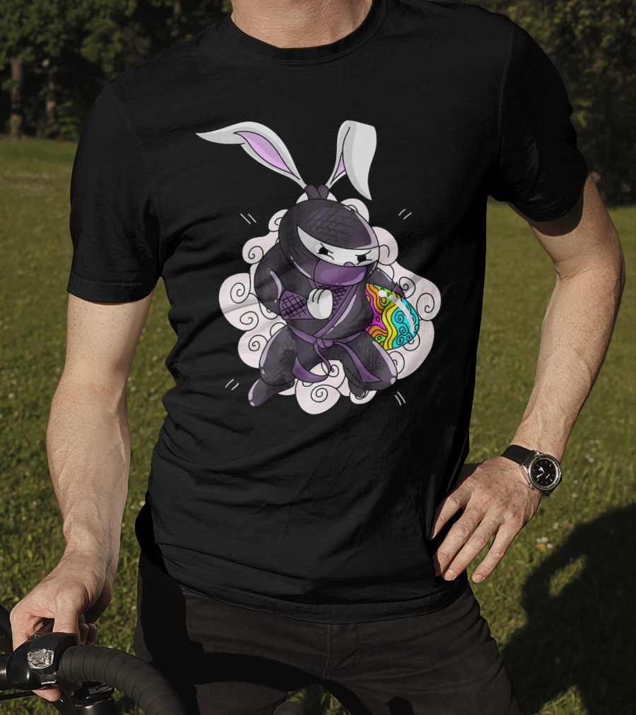 Easter Bunny Ninja Holding Colorful Egg In Cute Little Egg Hunt Scene T-Shirt