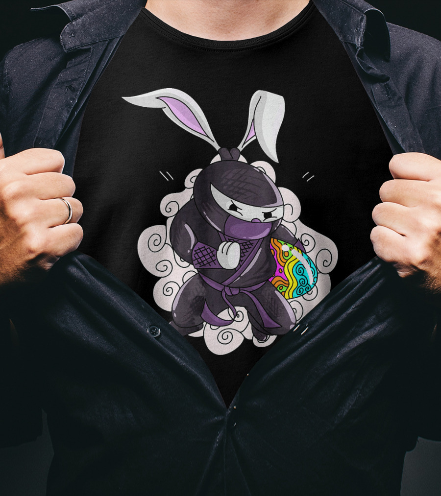 Easter Bunny Ninja Holding Colorful Egg In Cute Little Egg Hunt Scene T-Shirt