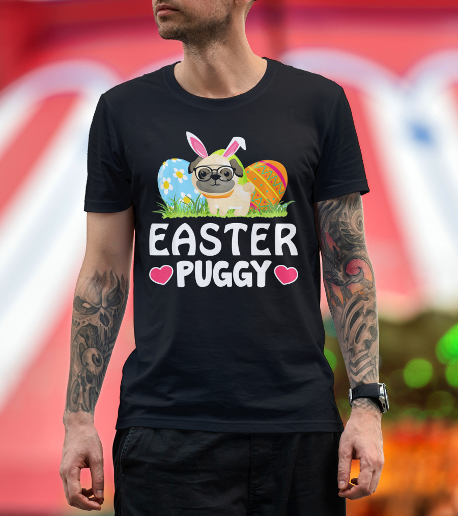 Easter Puggy Cute Dog Pug Funny Easter Bunny Ears and Eggs T-Shirt