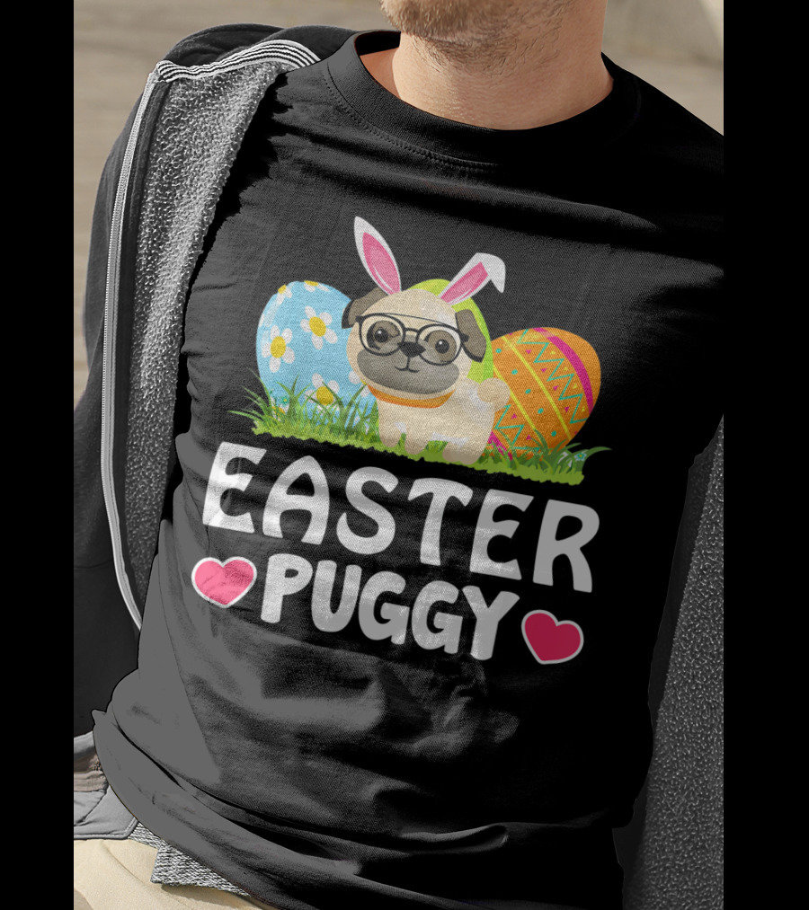 Easter Puggy Cute Dog Pug Funny Easter Bunny Ears And Eggs T-Shirt