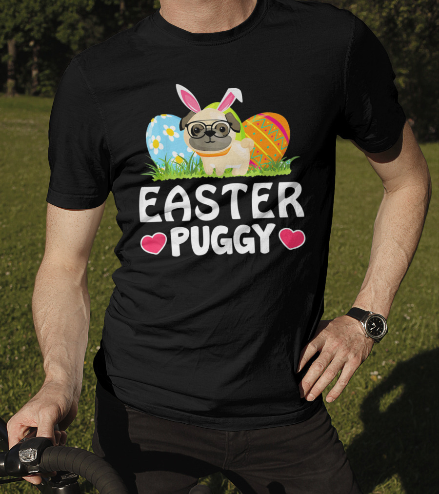 Easter Puggy Cute Dog Pug Funny Easter Bunny Ears And Eggs T-Shirt