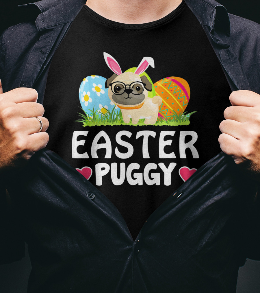 Easter Puggy Cute Dog Pug Funny Easter Bunny Ears And Eggs T-Shirt