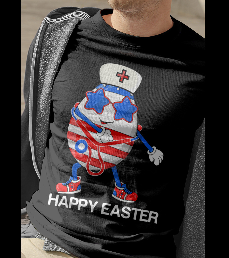 Happy Easter Flossing Egg With Stethoscope Nurse Hat And Stars T-Shirt