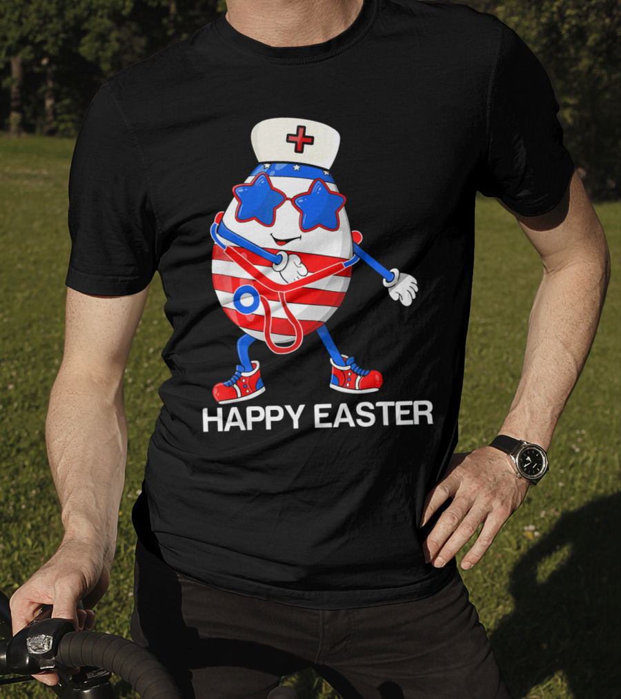Happy Easter Flossing Egg With Stethoscope Nurse Hat And Stars T-Shirt