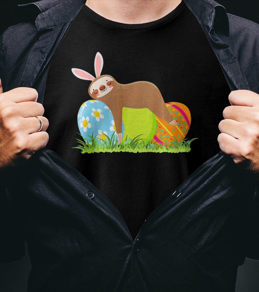 Funny Sloth Easter Day Bunny Ear Egg Decorated T-Shirt