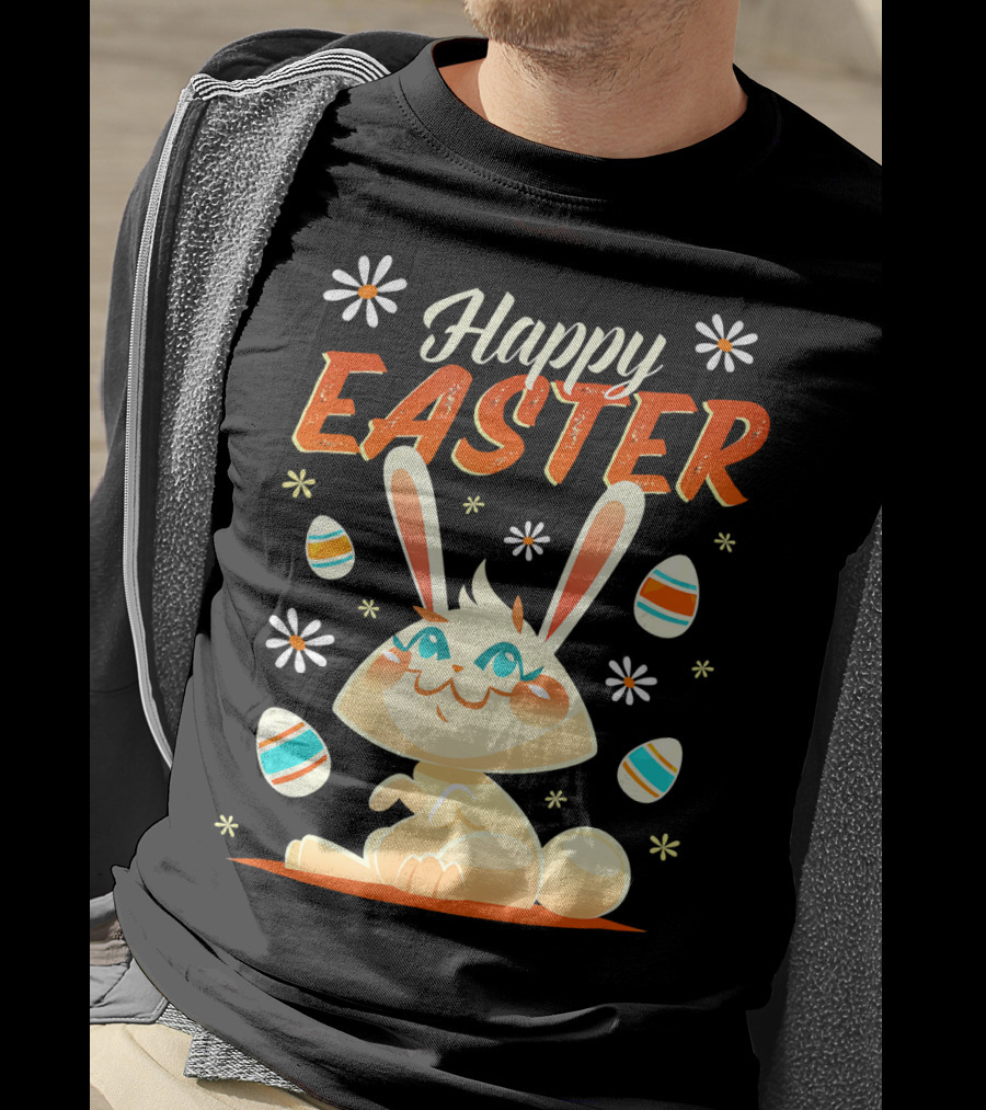 Happy Easter Bunny Surrounded By Colorful Eggs And Daisies T-Shirt