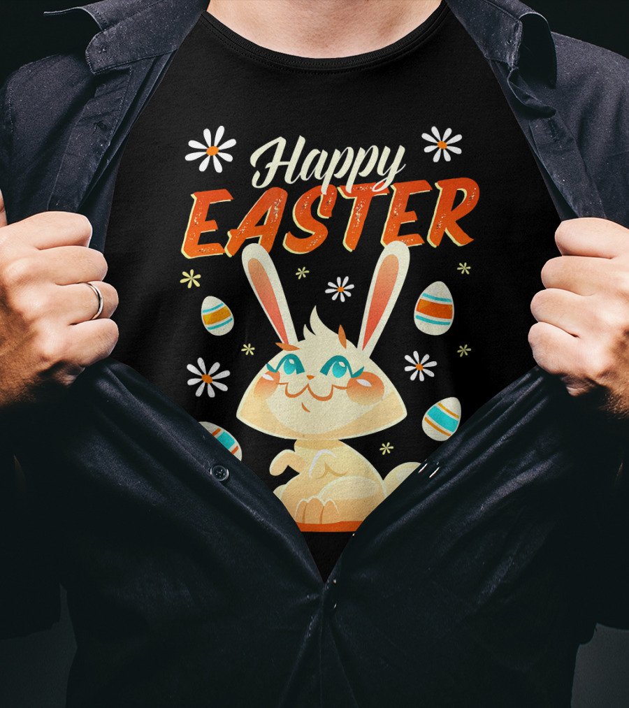 Happy Easter Bunny Surrounded By Colorful Eggs And Daisies T-Shirt