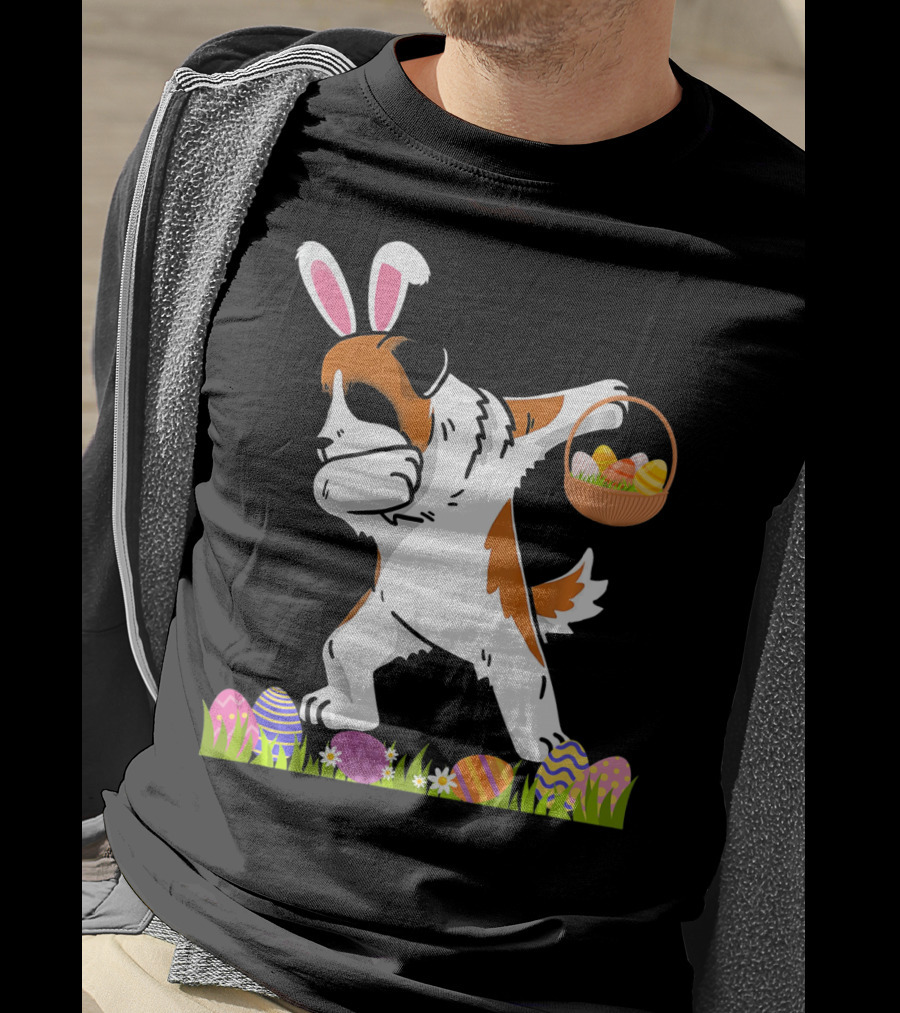Funny Saint Bernard Dog Dabbing With Easter Bunny Ears And Basket Of Eggs T-Shirt