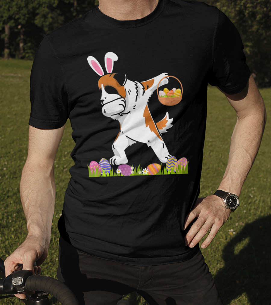 Funny Saint Bernard Dog Dabbing With Easter Bunny Ears And Basket Of Eggs T-Shirt