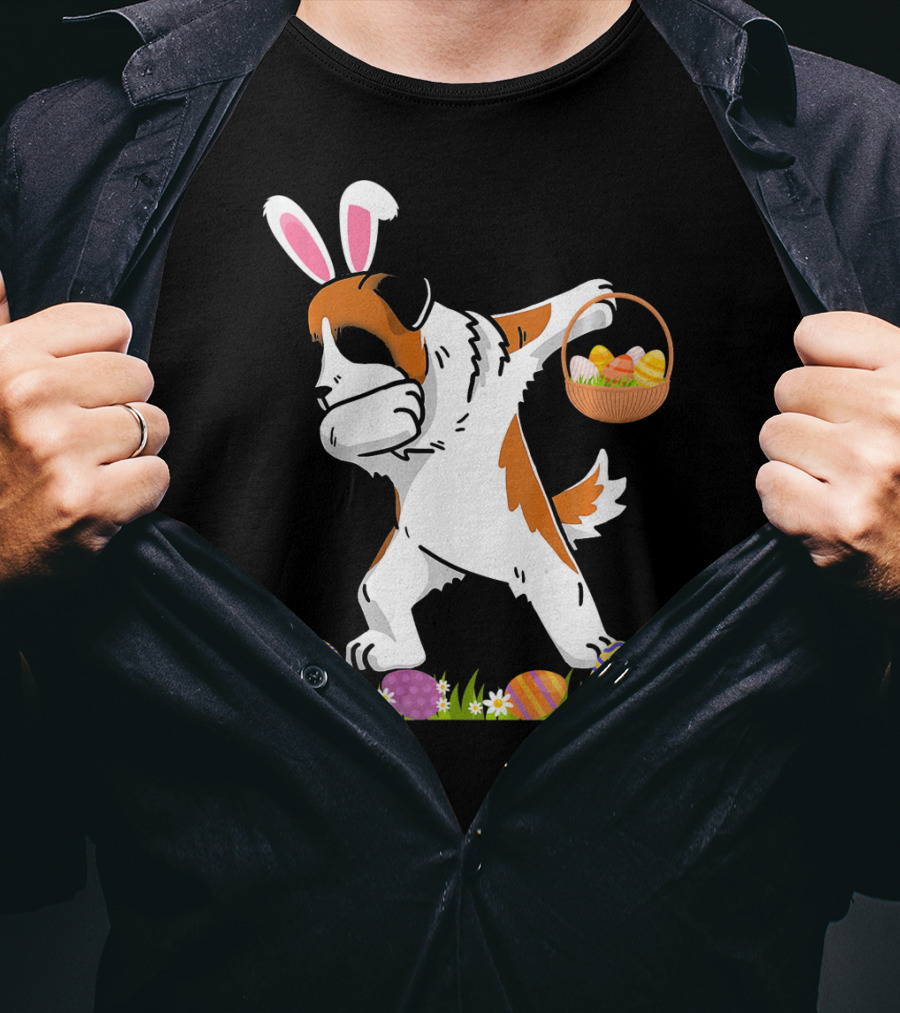 Funny Saint Bernard Dog Dabbing With Easter Bunny Ears And Basket Of Eggs T-Shirt