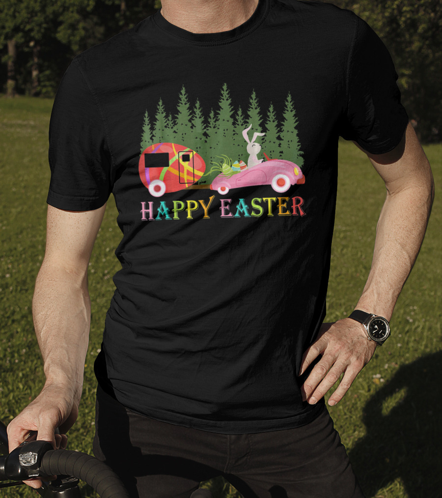 Happy Easter Day Bunny With Egg Camper And Car In Forest T-Shirt