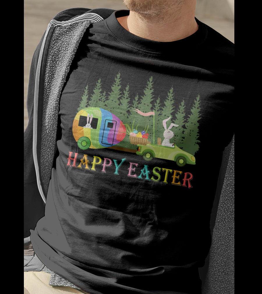 Happy Easter Bunny Driving Colorful Camper With Eggs In Forest T-Shirt