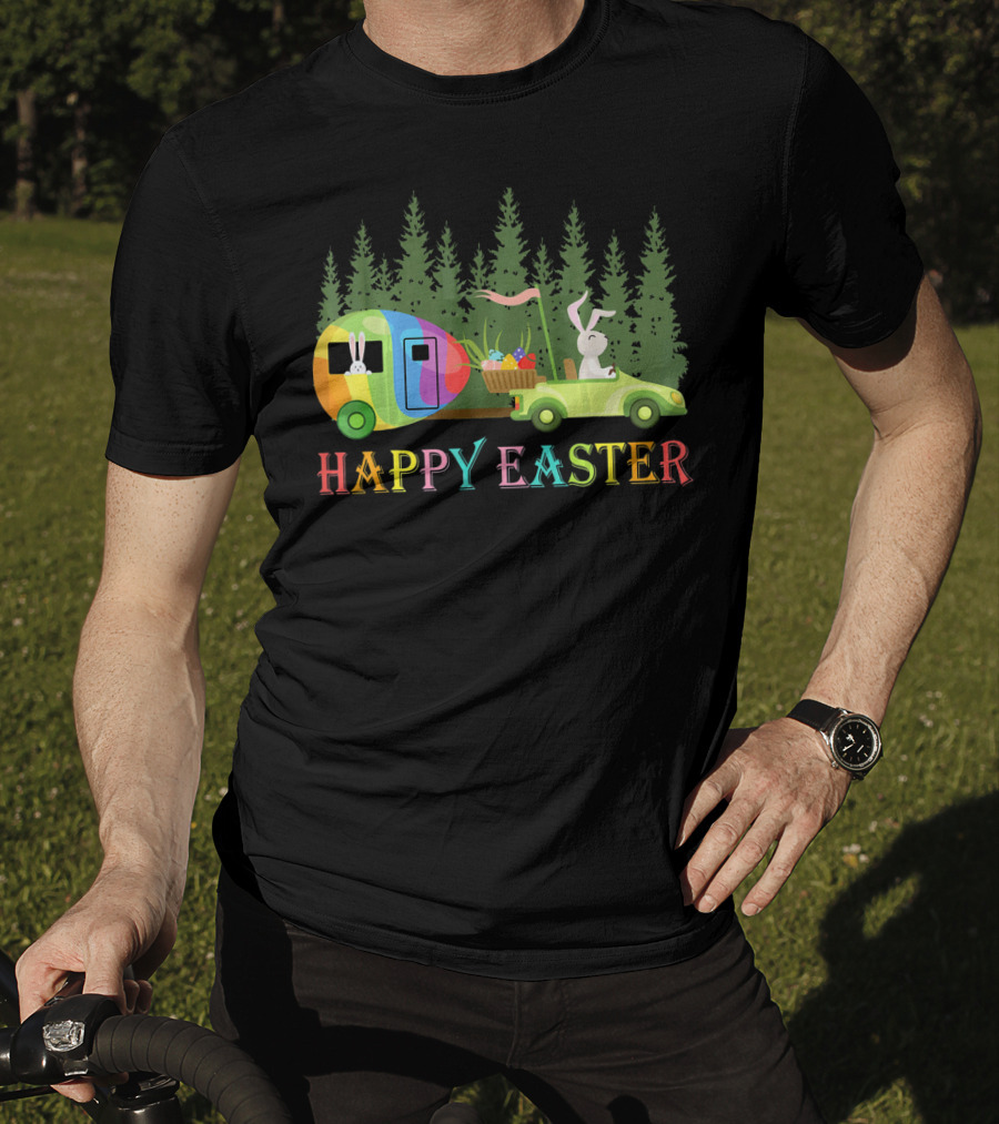 Happy Easter Bunny Driving Colorful Camper With Eggs In Forest T-Shirt