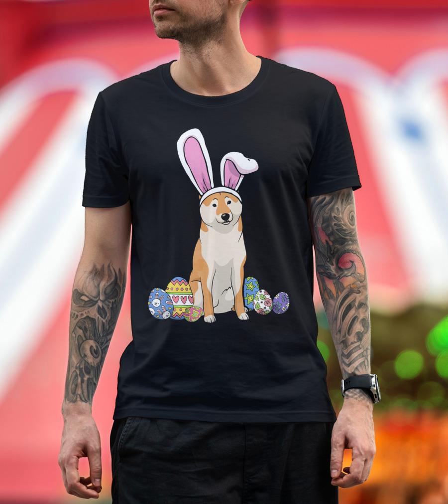 Shiba Inu with Bunny Ears and Colorful Easter Eggs T-Shirt