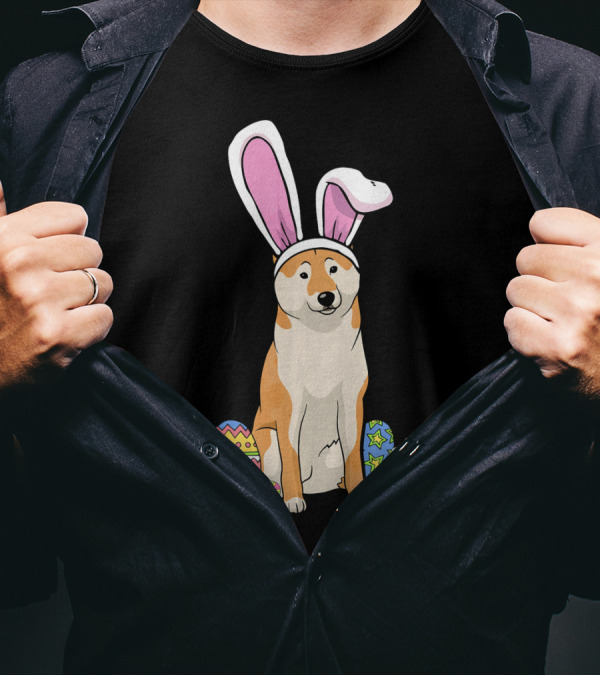 Shiba Inu With Bunny Ears And Colorful Easter Eggs T-Shirt