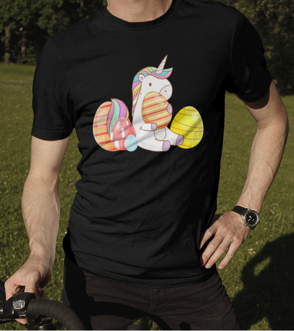 Unicorn Bunny Hugging Colorful Easter Eggs T-Shirt