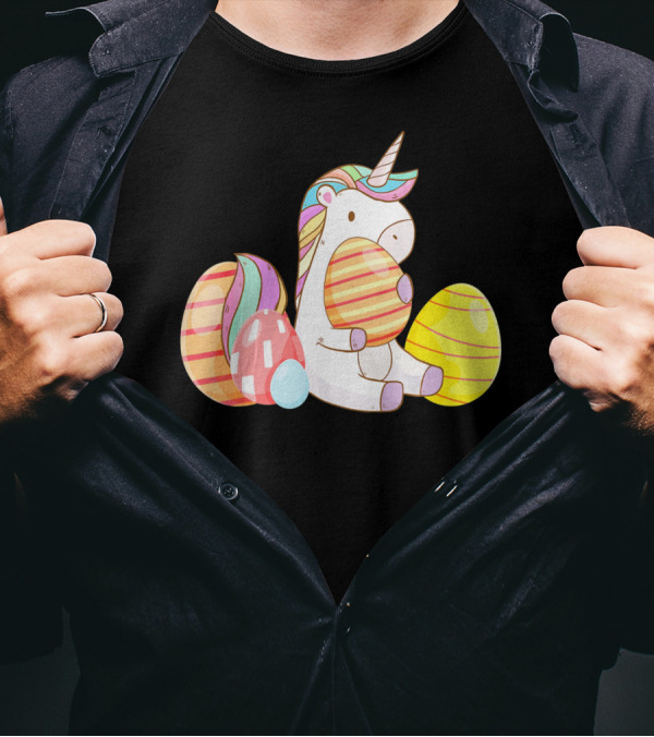 Unicorn Bunny Hugging Colorful Easter Eggs T-Shirt
