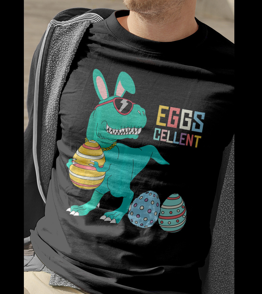 Easter Dinosaur Eggs Cellent T-Rex With Sunglasses And Striped Polka Dot Eggs T-Shirt
