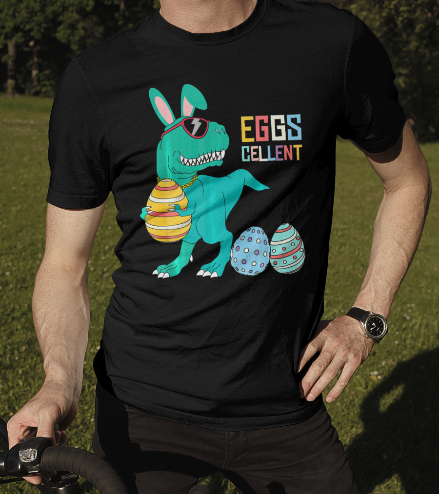 Easter Dinosaur Eggs Cellent T-Rex With Sunglasses And Striped Polka Dot Eggs T-Shirt