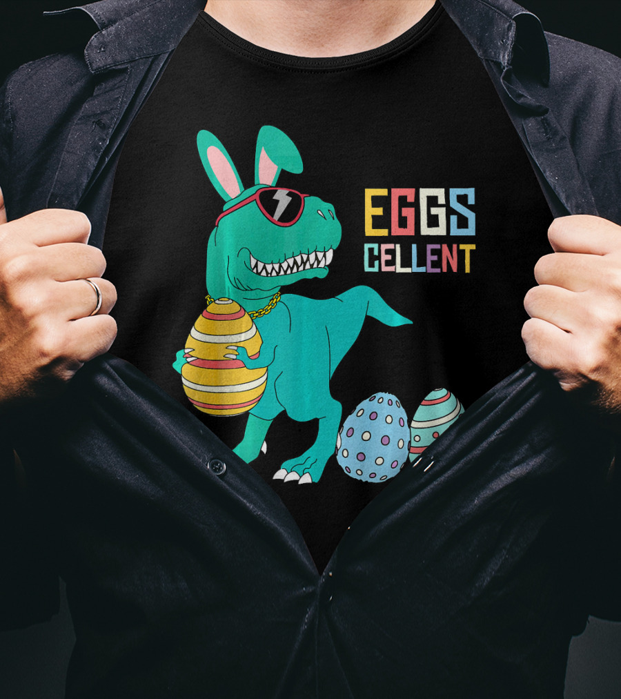 Easter Dinosaur Eggs Cellent T-Rex With Sunglasses And Striped Polka Dot Eggs T-Shirt