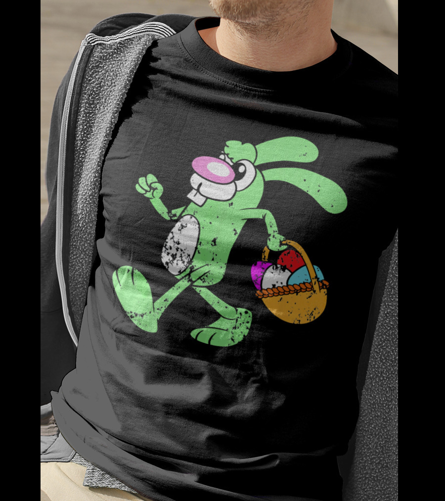 Retro Vintage Grunge Easter Bunny With Colorful Egg Basket T-Shirt
