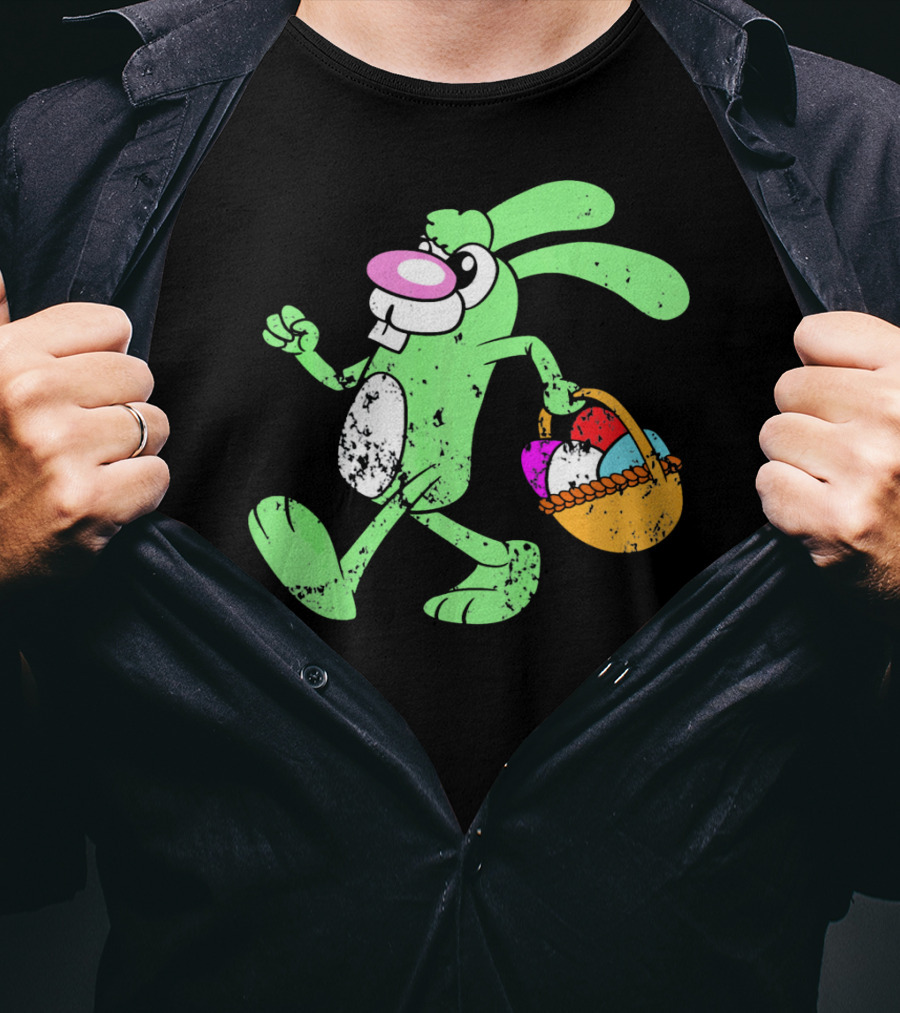Retro Vintage Grunge Easter Bunny With Colorful Egg Basket T-Shirt