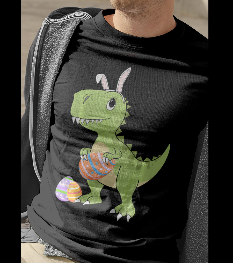 Easter Dinosaur Kids T-Rex With Bunny Ears Holding Colorful Eggs T-Shirt