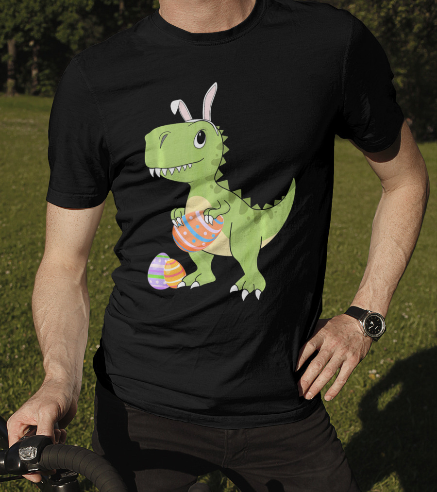 Easter Dinosaur Kids T-Rex With Bunny Ears Holding Colorful Eggs T-Shirt