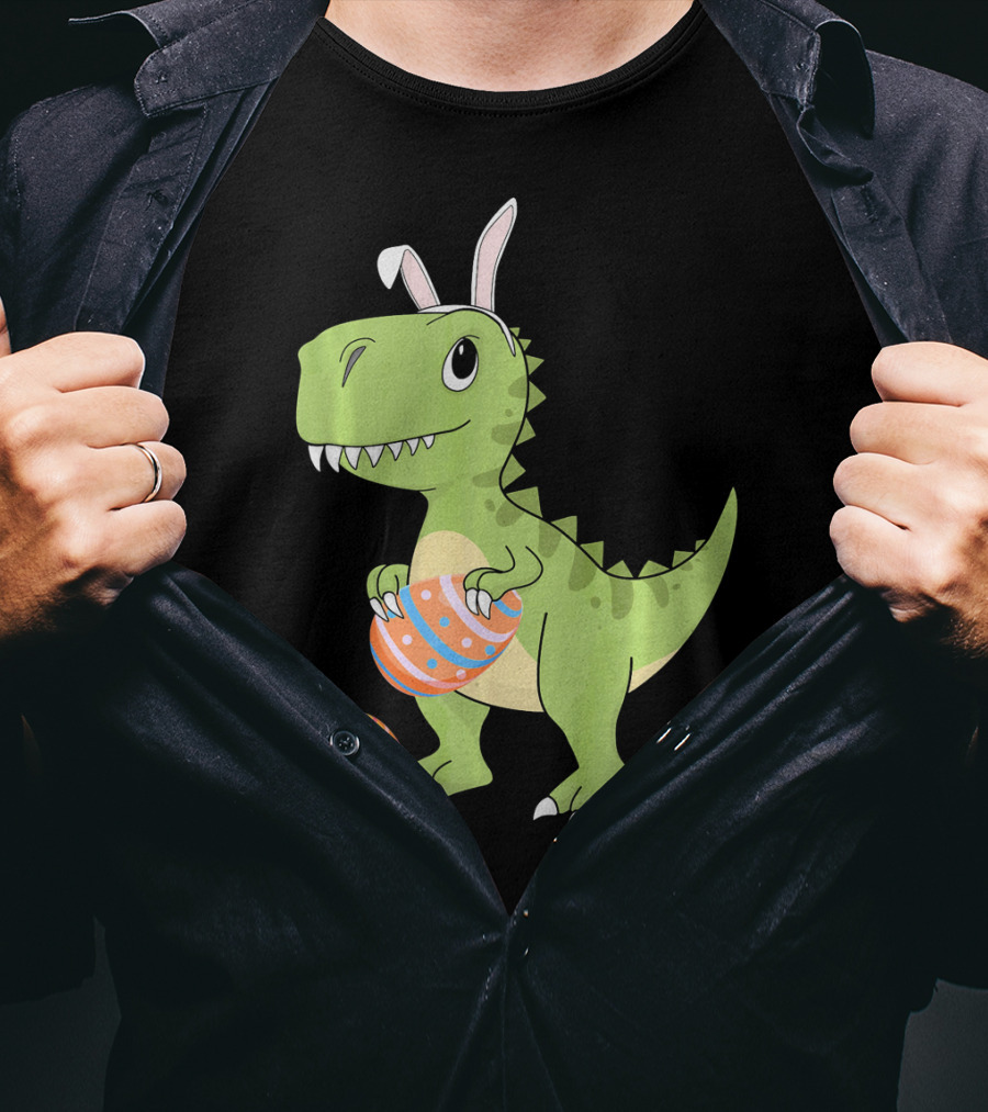 Easter Dinosaur Kids T-Rex With Bunny Ears Holding Colorful Eggs T-Shirt