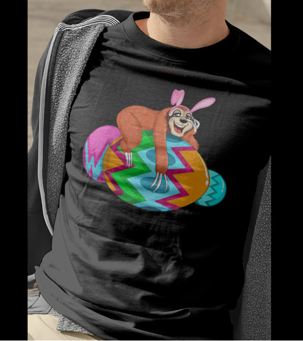 Cool Lazy Sloth Bunny On Colorful Easter Egg Hunt T-Shirt