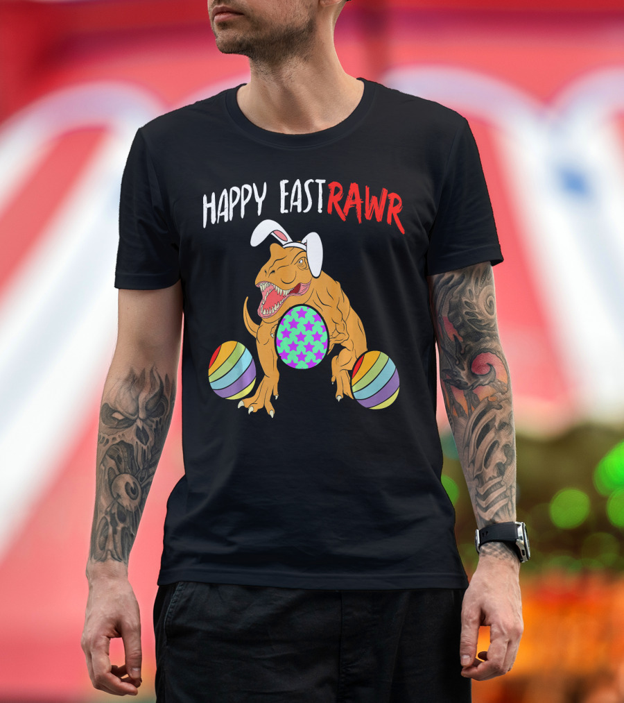Happy Eastrawr Dinosaur Easter with Bunny Ears and Colorful Eggs T-Shirt