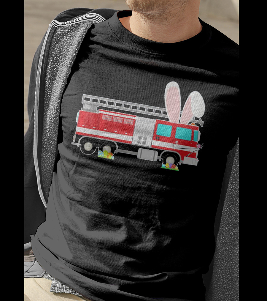 Easter Bunny Ear Fire Truck With Eggs And Carrots T-Shirt
