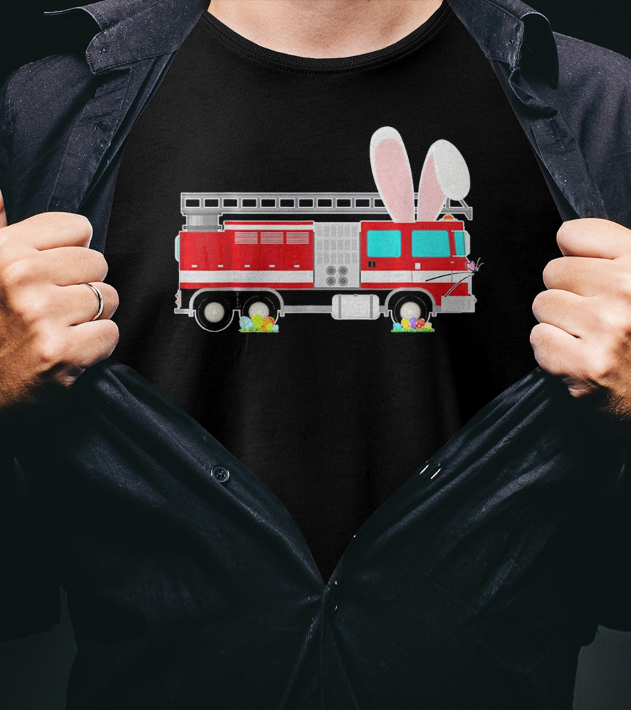 Easter Bunny Ear Fire Truck With Eggs And Carrots T-Shirt