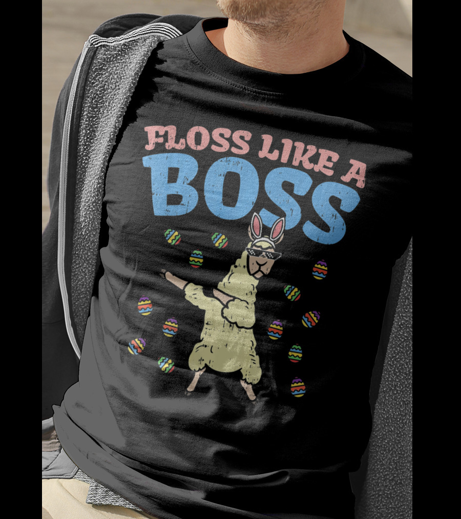 Floss Like A Boss Easter Llama Dancing With Bunny Ears And Colorful Eggs T-Shirt