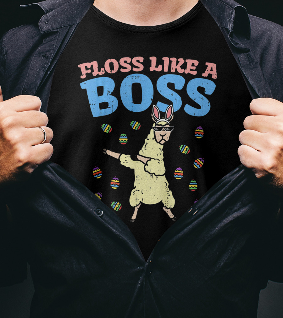 Floss Like A Boss Easter Llama Dancing With Bunny Ears And Colorful Eggs T-Shirt
