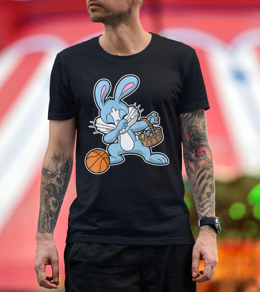 Dabbing Easter Bunny with Basketball and Basket of Eggs T-Shirt