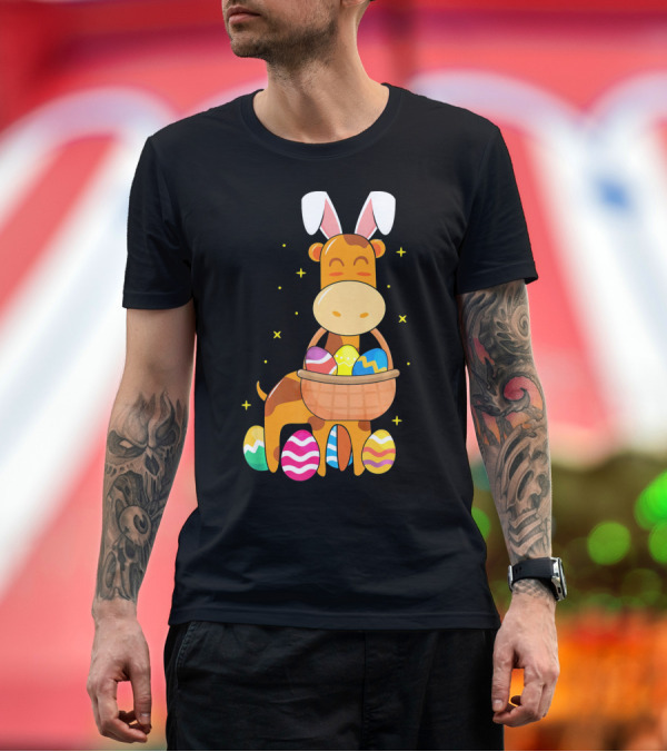 Premium T-Shirt: Giraffe Easter Egg Bunny Holding Basket of Colorful Eggs and Wearing Bunny Ears T-Shirt Giraffe Easter Egg Bunny Holding Basket of Colorful Eggs and Wearing Bunny Ears T-Shirt