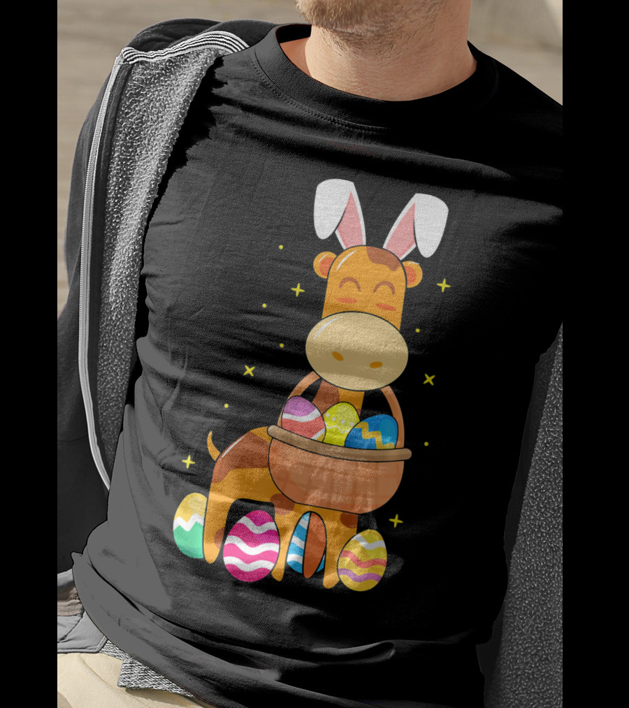Giraffe Easter Egg Bunny Holding Basket Of Colorful Eggs And Wearing Bunny Ears T-Shirt