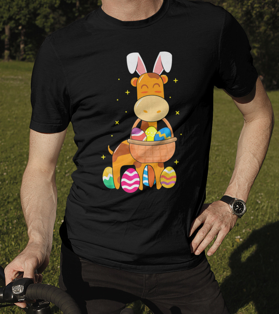 Giraffe Easter Egg Bunny Holding Basket Of Colorful Eggs And Wearing Bunny Ears T-Shirt