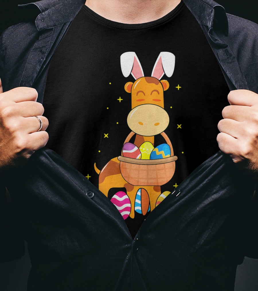 Giraffe Easter Egg Bunny Holding Basket Of Colorful Eggs And Wearing Bunny Ears T-Shirt