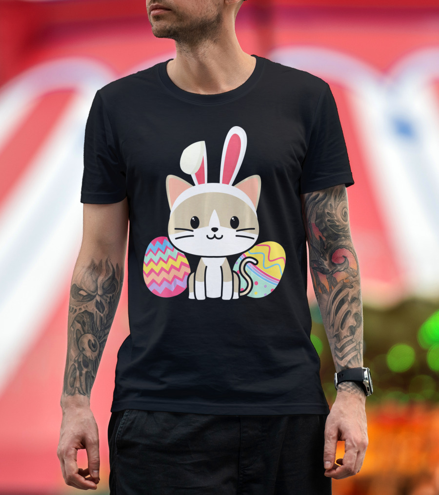 Easter Cat with Bunny Ears and Colorful Easter Eggs T-Shirt