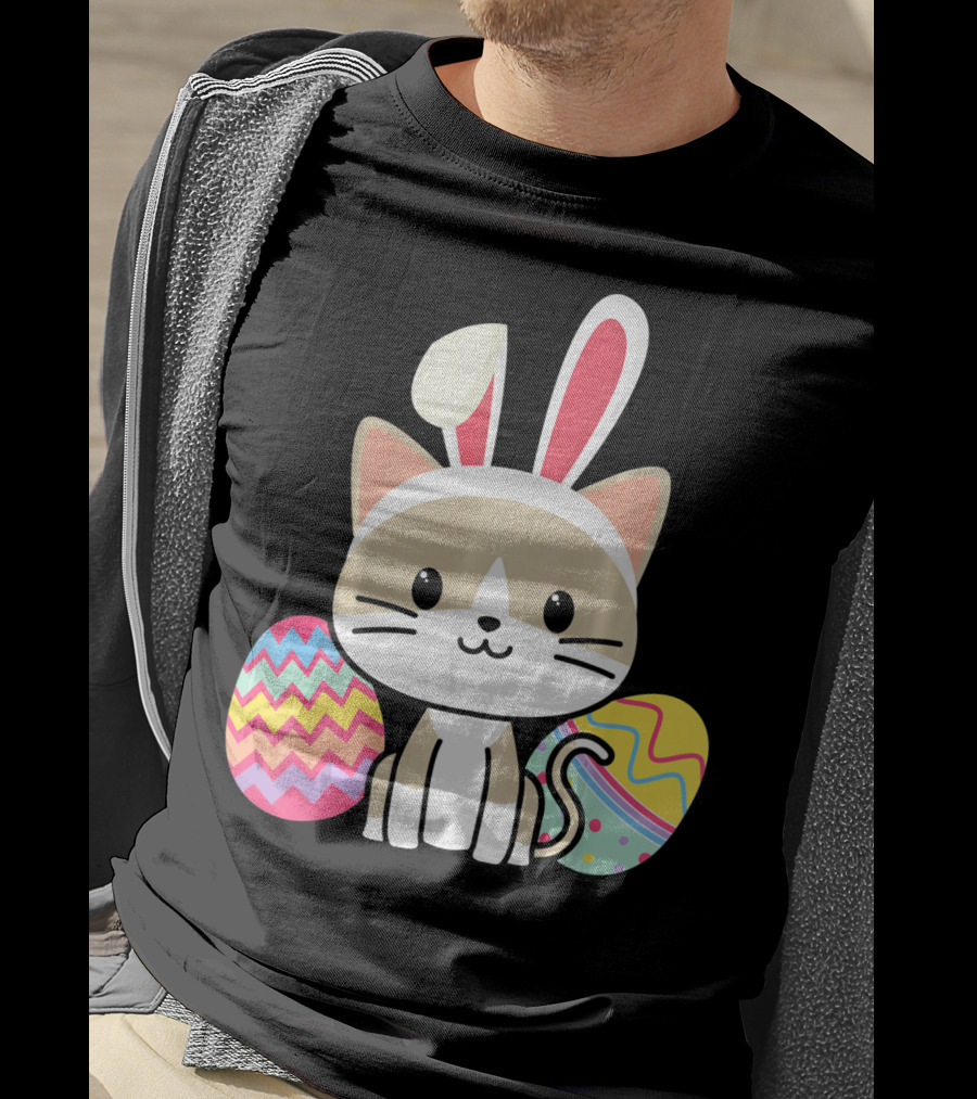 Easter Cat With Bunny Ears And Colorful Easter Eggs T-Shirt